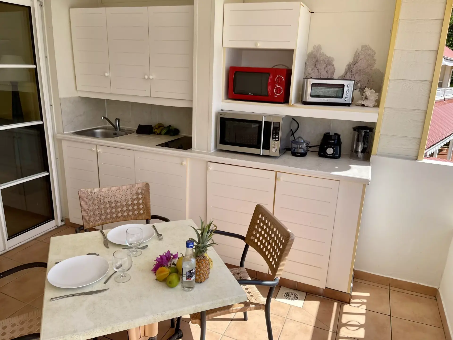 Cuisine équipée sur la terrasse couverte du Studio 1010