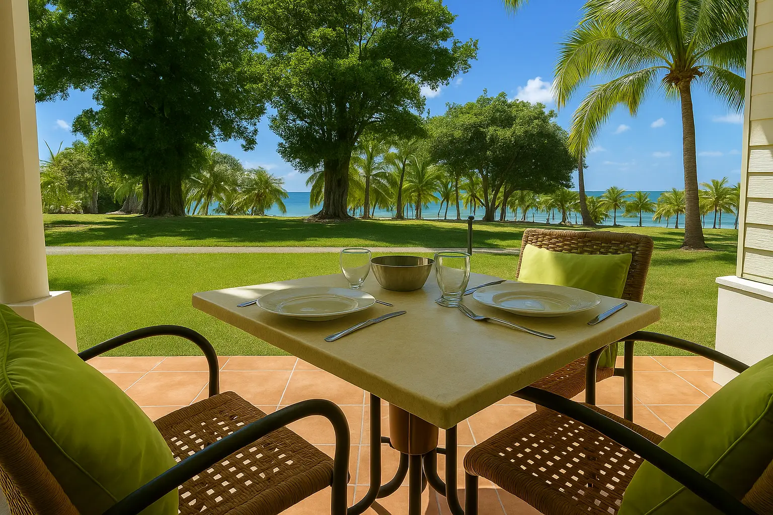 Vue mer depuis une terrasse en Guadeloupe – table dressée pour deux avec assiettes et verres, entourée de palmiers et d’un jardin tropical